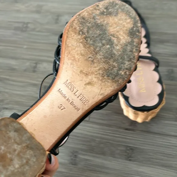 Anthropologie Miss L Fire Florentina Heeled Sandals black leather rattan heeled
