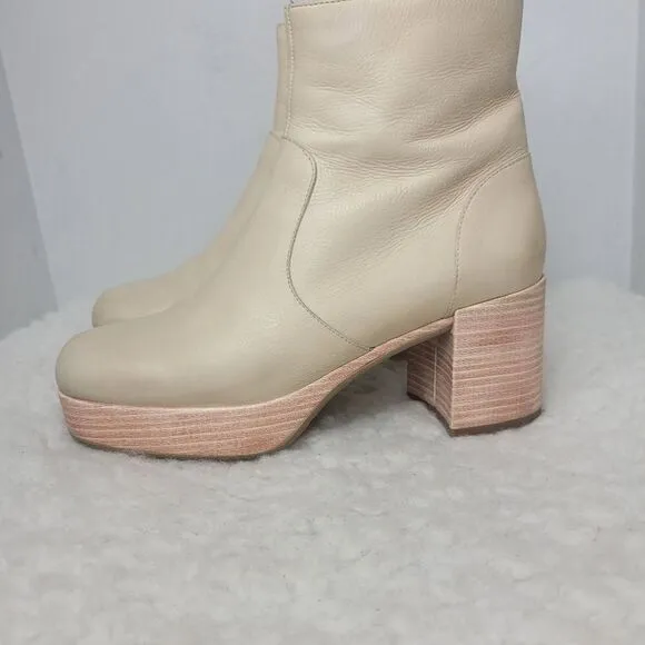 Anthropologie Women's Size 7.5 Platform Boots Bone Cream Block Heel Square Toe