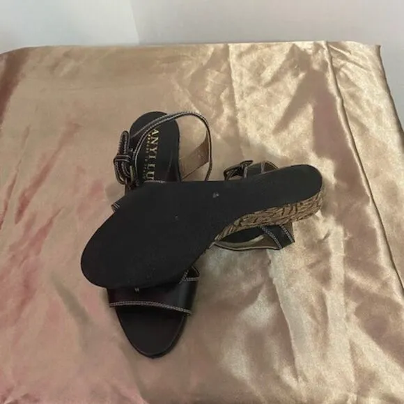 Anyi Lu Black Festive Leather Wedge Sandals, size 36 1/2-6 1/2