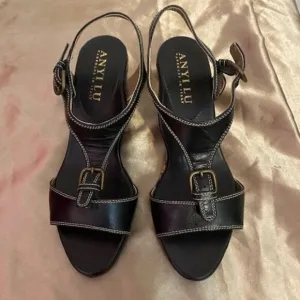 Anyi Lu Black Festive Leather Wedge Sandals, size 36 1/2-6 1/2