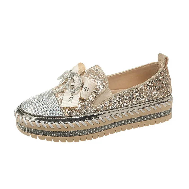 Aphixta 2023 New Luxury Crystals Bowknot Sequined Flat With Platform Shoes Loafers Couple Woman Fashion Shoes Plus Size 44