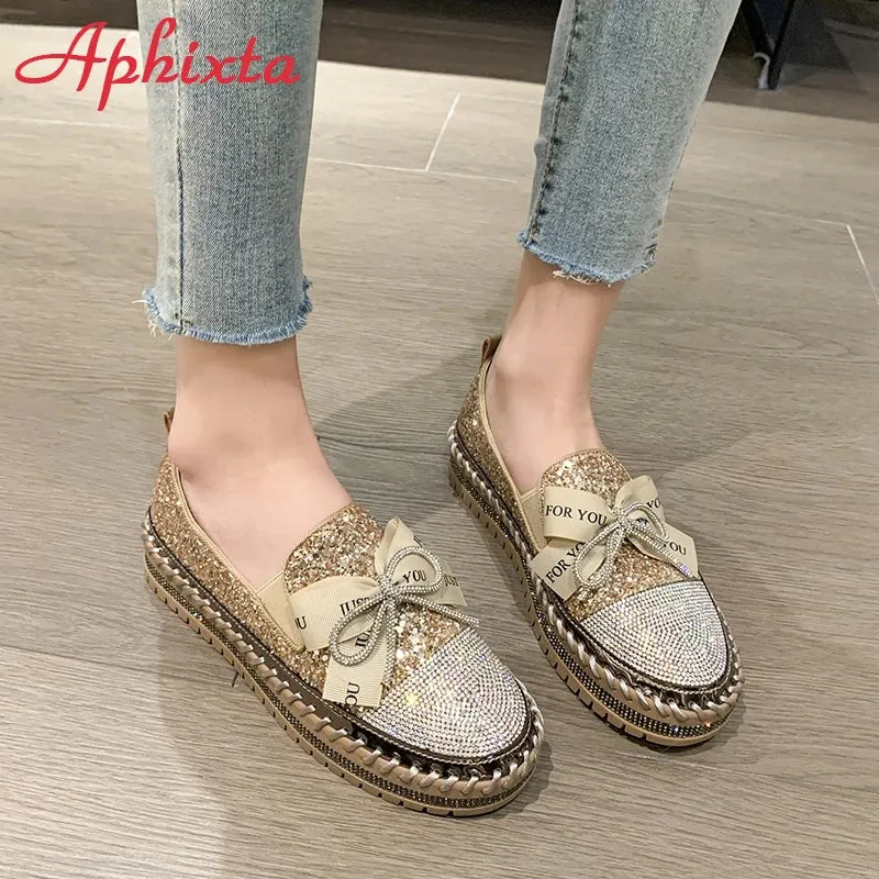 Aphixta 2023 New Luxury Crystals Bowknot Sequined Flat With Platform Shoes Loafers Couple Woman Fashion Shoes Plus Size 44