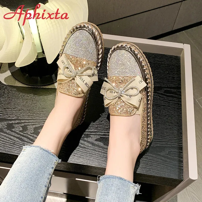 Aphixta 2023 New Luxury Crystals Bowknot Sequined Flat With Platform Shoes Loafers Couple Woman Fashion Shoes Plus Size 44