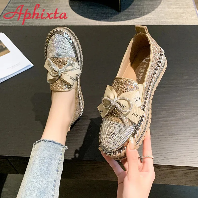Aphixta 2023 New Luxury Crystals Bowknot Sequined Flat With Platform Shoes Loafers Couple Woman Fashion Shoes Plus Size 44