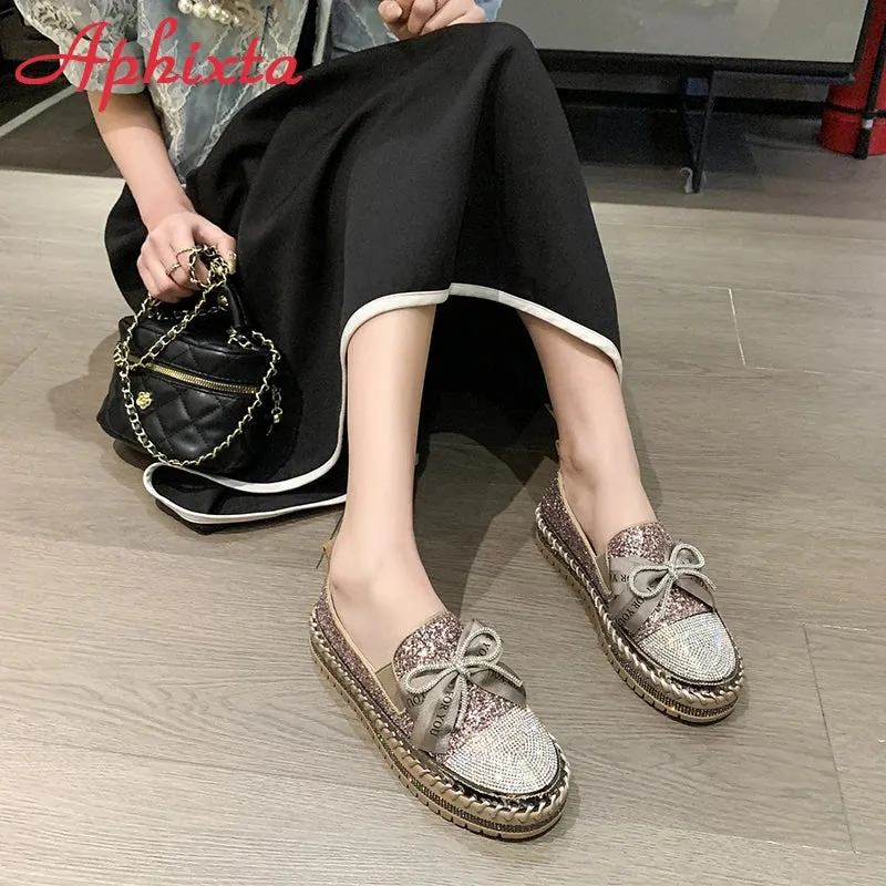 Aphixta 2023 New Luxury Crystals Bowknot Sequined Flat With Platform Shoes Loafers Couple Woman Fashion Shoes Plus Size 44