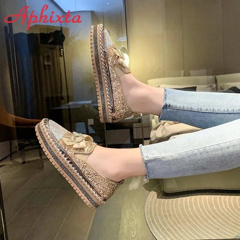 Aphixta 2023 New Luxury Crystals Bowknot Sequined Flat With Platform Shoes Loafers Couple Woman Fashion Shoes Plus Size 44