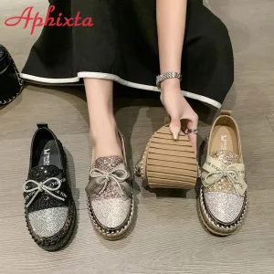 Aphixta 2023 New Luxury Crystals Bowknot Sequined Flat With Platform Shoes Loafers Couple Woman Fashion Shoes Plus Size 44