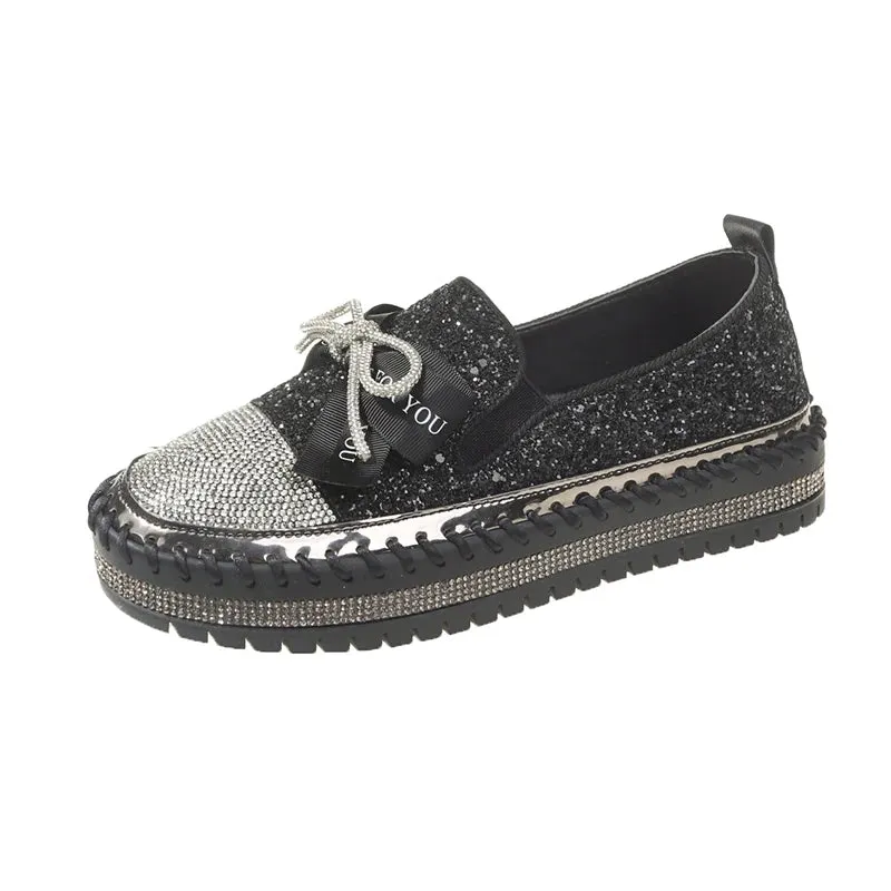 Aphixta 2023 New Luxury Crystals Bowknot Sequined Flat With Platform Shoes Loafers Couple Woman Fashion Shoes Plus Size 44