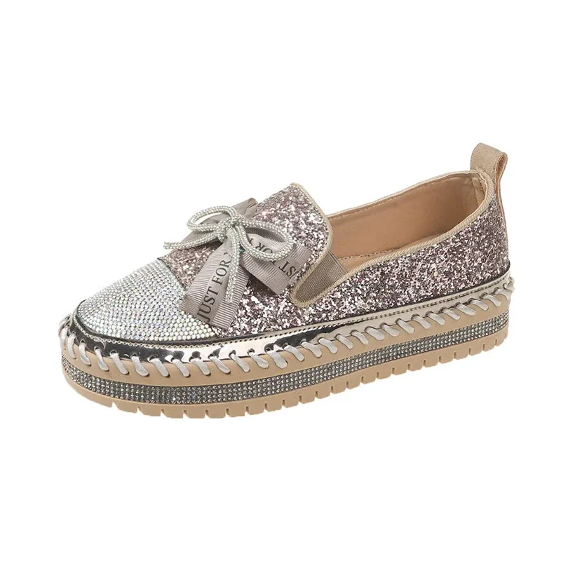 Aphixta 2023 New Luxury Crystals Bowknot Sequined Flat With Platform Shoes Loafers Couple Woman Fashion Shoes Plus Size 44