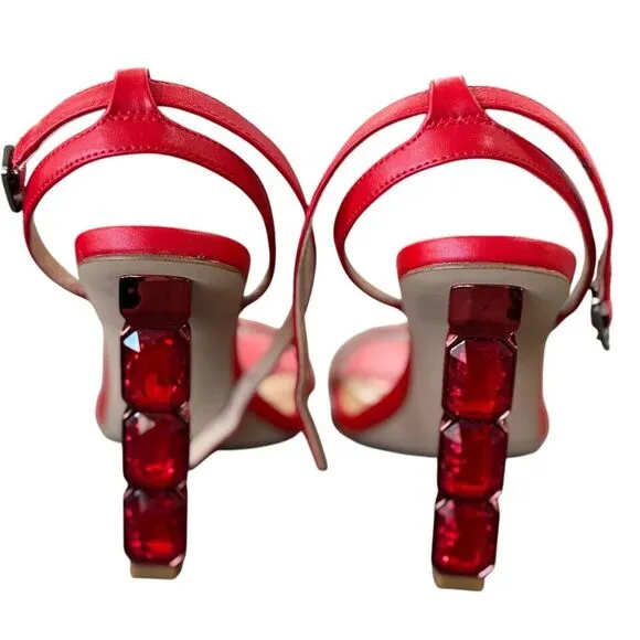 Aqua Women's Dori Crystal High Heel Ankle Strap Sandals, Red Nappa, 6.5