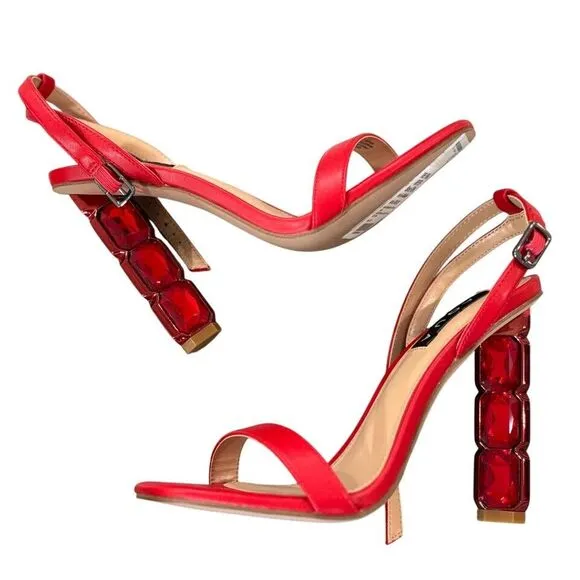 Aqua Women's Dori Crystal High Heel Ankle Strap Sandals, Red Nappa, 6.5