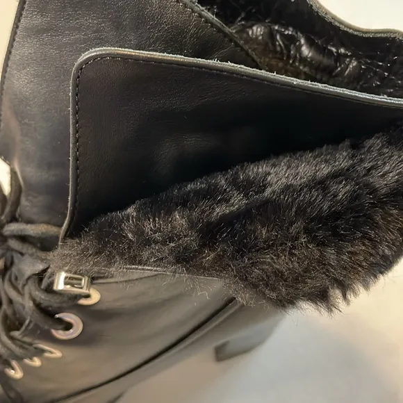 Aquatalia Black Leather Combat Boots Block Heel Faux Fur Trim Size 8.5M