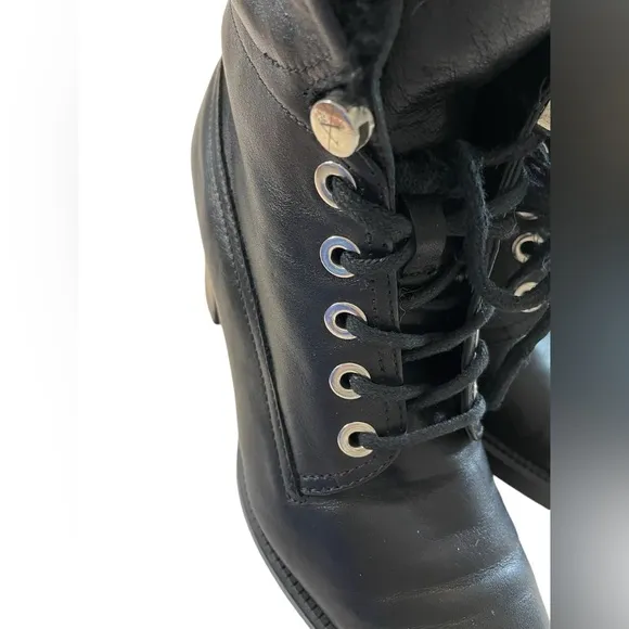 Aquatalia Black Leather Combat Boots Block Heel Faux Fur Trim Size 8.5M