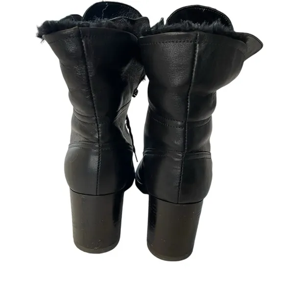Aquatalia Black Leather Combat Boots Block Heel Faux Fur Trim Size 8.5M