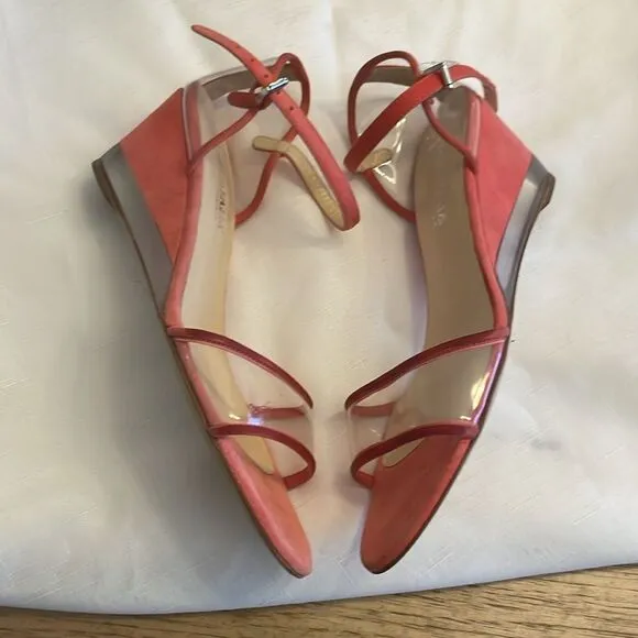 AQUATALIA CORAL SUEDE AND CLEAR WEDGE SANDALS.  NEW.