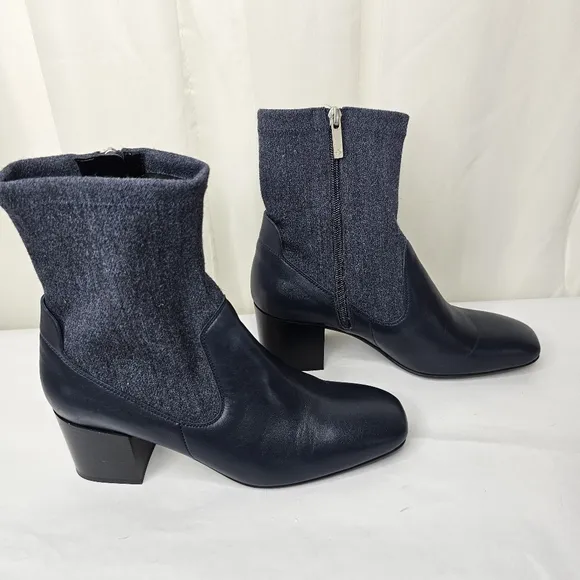 Aquatalia Navy Blue And Denim Block Heel Ankle Boots Size 9
