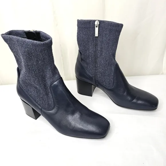 Aquatalia Navy Blue And Denim Block Heel Ankle Boots Size 9
