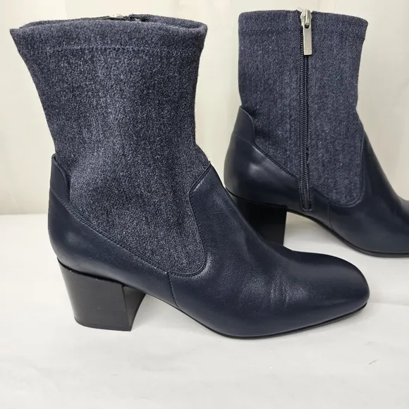 Aquatalia Navy Blue And Denim Block Heel Ankle Boots Size 9