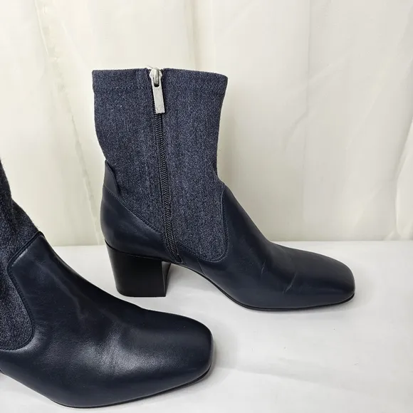 Aquatalia Navy Blue And Denim Block Heel Ankle Boots Size 9