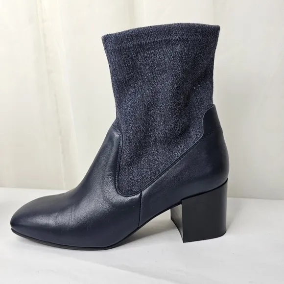 Aquatalia Navy Blue And Denim Block Heel Ankle Boots Size 9