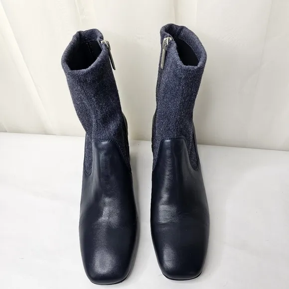 Aquatalia Navy Blue And Denim Block Heel Ankle Boots Size 9