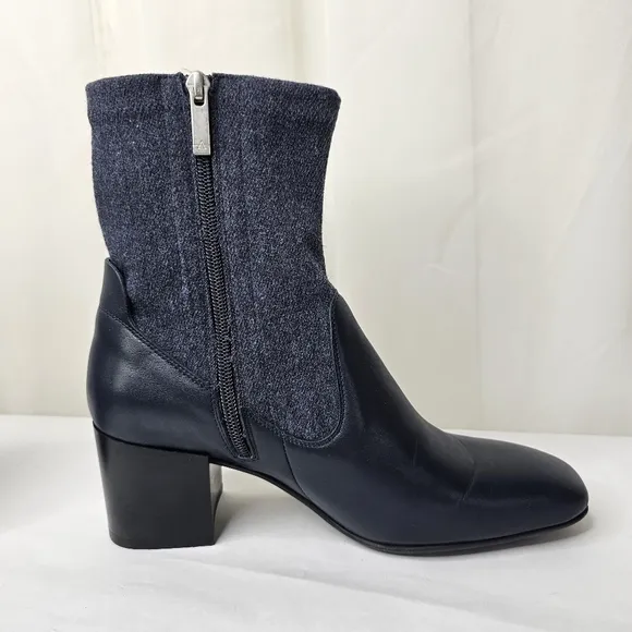Aquatalia Navy Blue And Denim Block Heel Ankle Boots Size 9