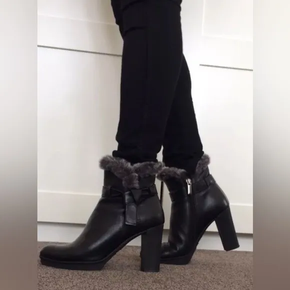 Aquatalia Russell &amp; Bromley Boots Leather Block Heel Ankle Black Mob Wife Sz 7.5