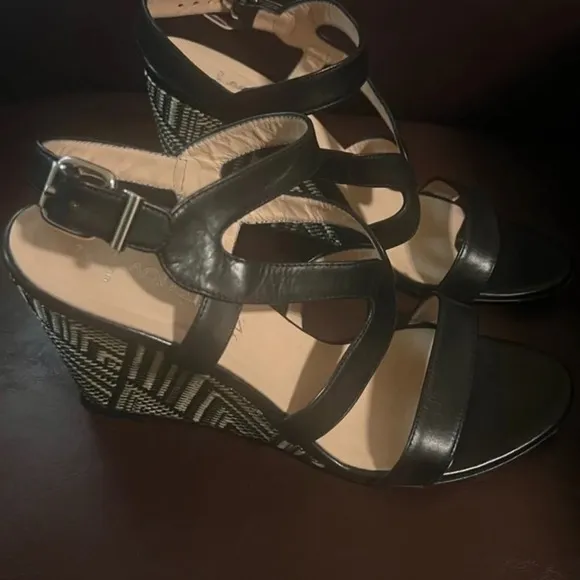 Aquatalia Woman's Black Leather Dyecut Wedge Sandals