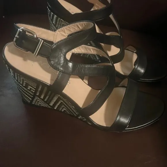 Aquatalia Woman's Black Leather Dyecut Wedge Sandals