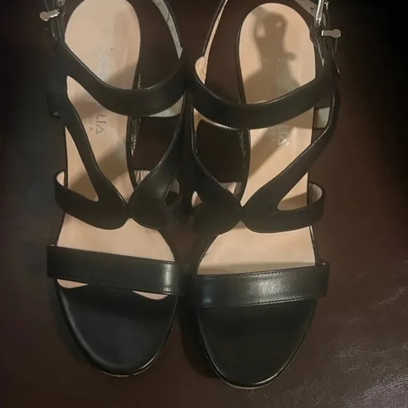 Aquatalia Woman's Black Leather Dyecut Wedge Sandals
