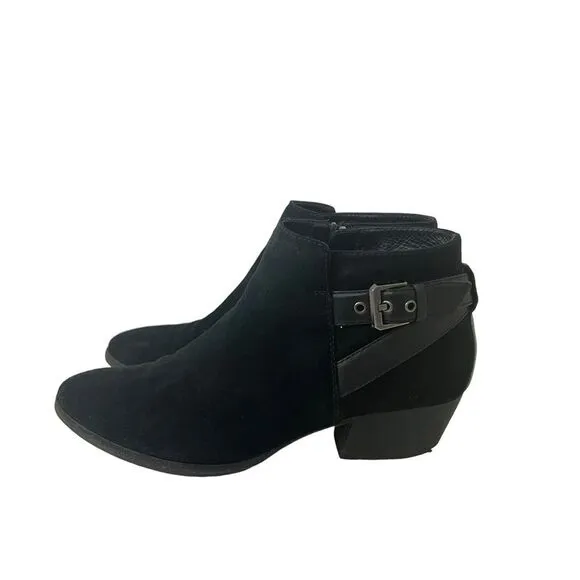 Aquatalia Womens 9.5 Farin Ankle Boots Black Suede Bootie Stacked Heel Buckle