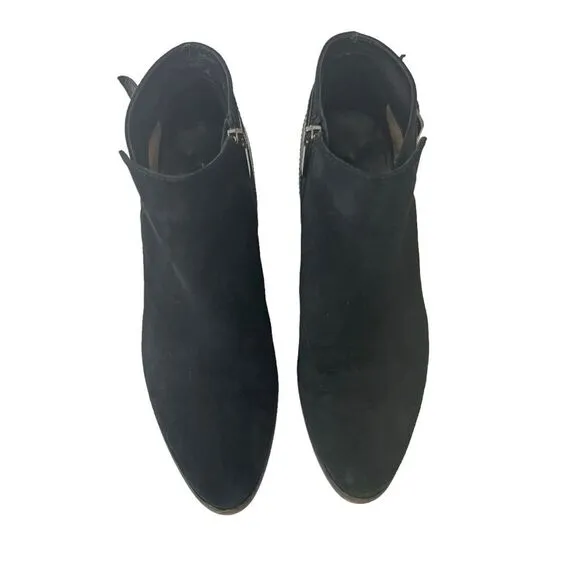Aquatalia Womens 9.5 Farin Ankle Boots Black Suede Bootie Stacked Heel Buckle