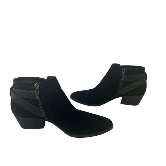 Aquatalia Womens 9.5 Farin Ankle Boots Black Suede Bootie Stacked Heel Buckle