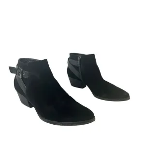 Aquatalia Womens 9.5 Farin Ankle Boots Black Suede Bootie Stacked Heel Buckle
