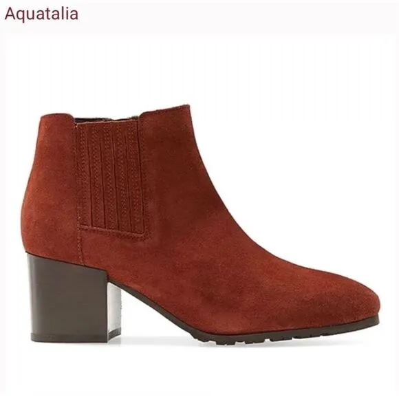 Aquatalia Boots Womens Size 8 Block Heel Ginger Suede Ankle Booties Leather