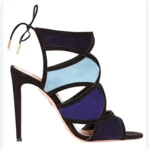 Aquazurra Vika Blue Paneled Suede Cut Out Stiletto Heel Sandals Size 37