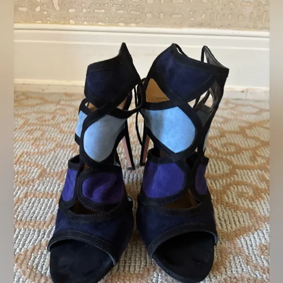 Aquazurra Vika Blue Paneled Suede Cut Out Stiletto Heel Sandals Size 37
