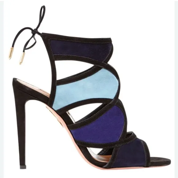 Aquazurra Vika Blue Paneled Suede Cut Out Stiletto Heel Sandals Size 37