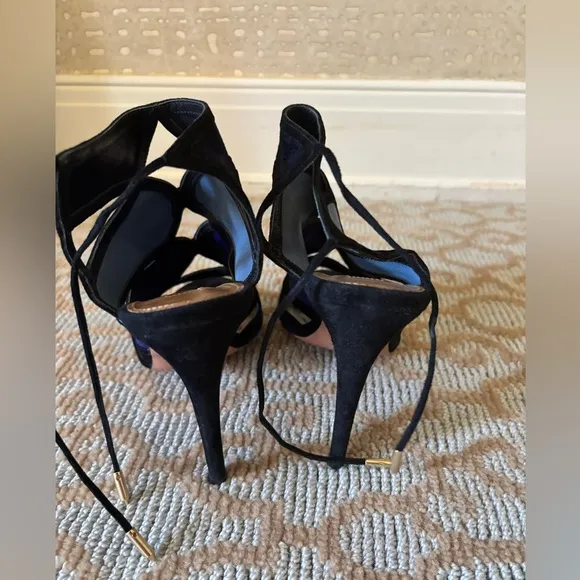 Aquazurra Vika Blue Paneled Suede Cut Out Stiletto Heel Sandals Size 37