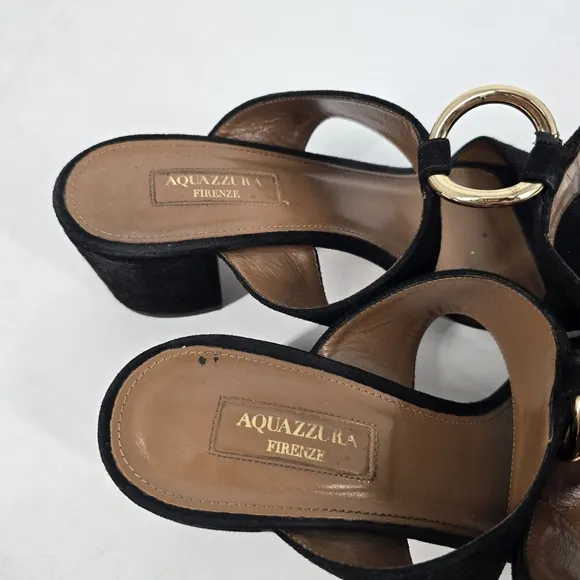 Aquazzura Black Ankle Strap Block Heel Suede Sandals Size 39
