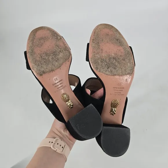 Aquazzura Black Ankle Strap Block Heel Suede Sandals Size 39