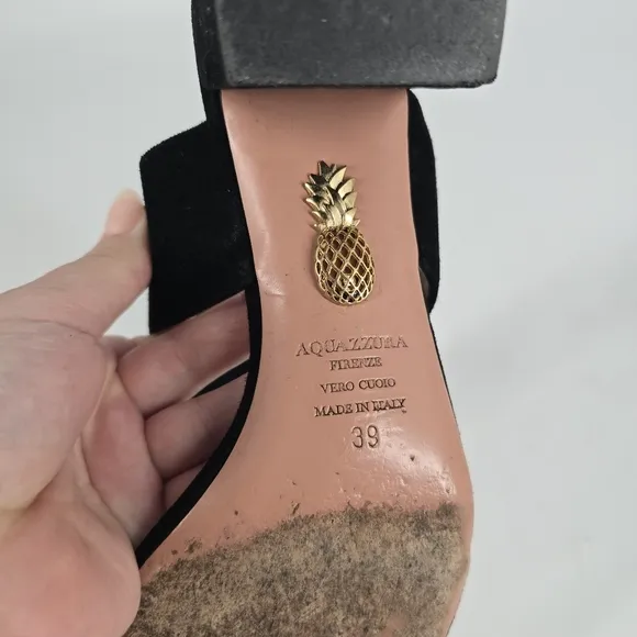 Aquazzura Black Ankle Strap Block Heel Suede Sandals Size 39