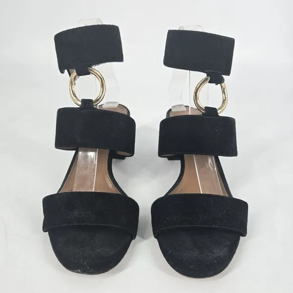 Aquazzura Black Ankle Strap Block Heel Suede Sandals Size 39