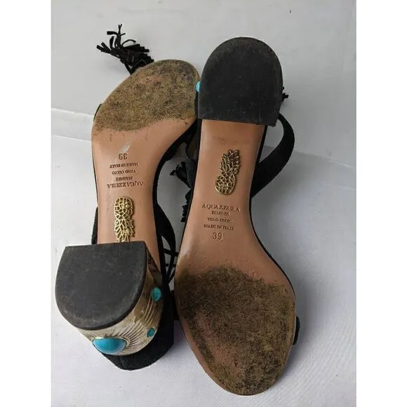 Aquazzura Black Jewel Embellished Cleopatra Block Heel Sandals size 39 EU 9 US M