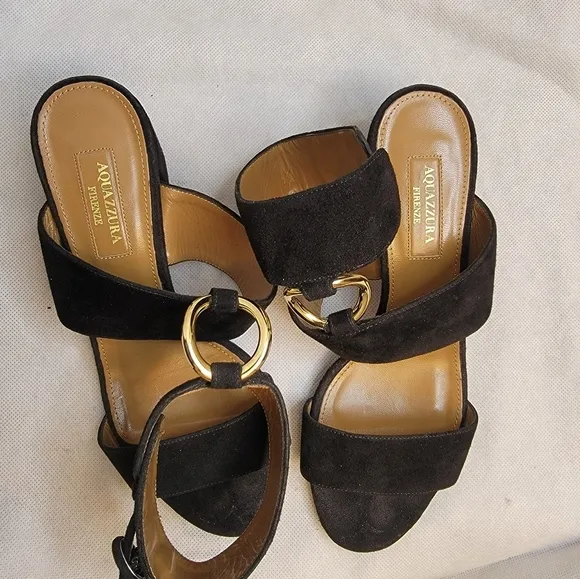 AQUAZZURA CAMEL SUEDE SAFARI LEATHER GOLD RING MID HEEL ANKLE STRAP  SANDALS