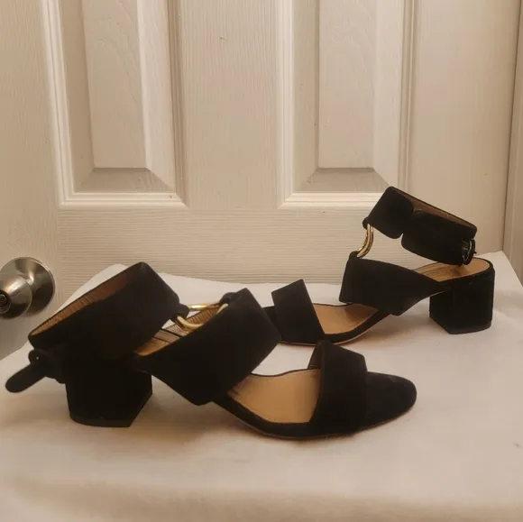 AQUAZZURA CAMEL SUEDE SAFARI LEATHER GOLD RING MID HEEL ANKLE STRAP  SANDALS
