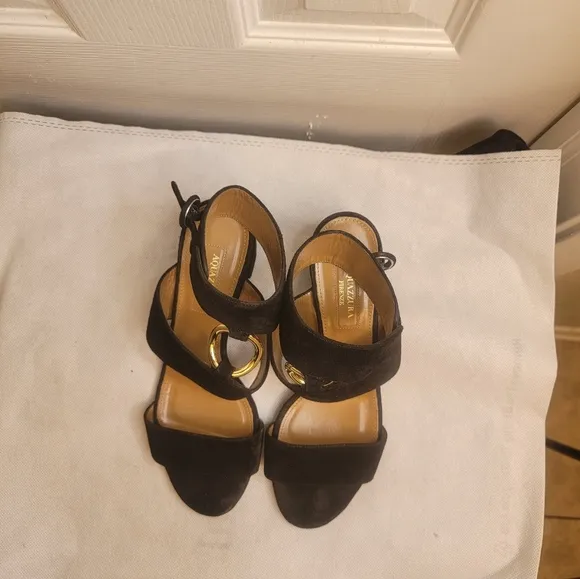 AQUAZZURA CAMEL SUEDE SAFARI LEATHER GOLD RING MID HEEL ANKLE STRAP  SANDALS