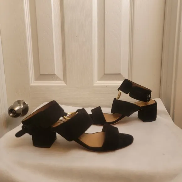 AQUAZZURA CAMEL SUEDE SAFARI LEATHER GOLD RING MID HEEL ANKLE STRAP  SANDALS