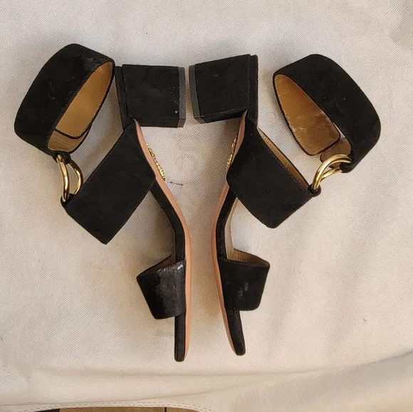 AQUAZZURA CAMEL SUEDE SAFARI LEATHER GOLD RING MID HEEL ANKLE STRAP  SANDALS