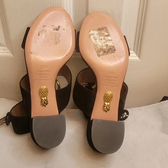 AQUAZZURA CAMEL SUEDE SAFARI LEATHER GOLD RING MID HEEL ANKLE STRAP  SANDALS